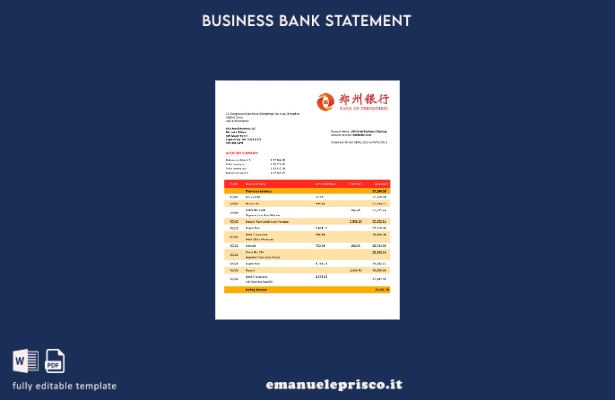 stile verificato Estratto conto aziendale della Bank of Zhengzhou Modello Word e
